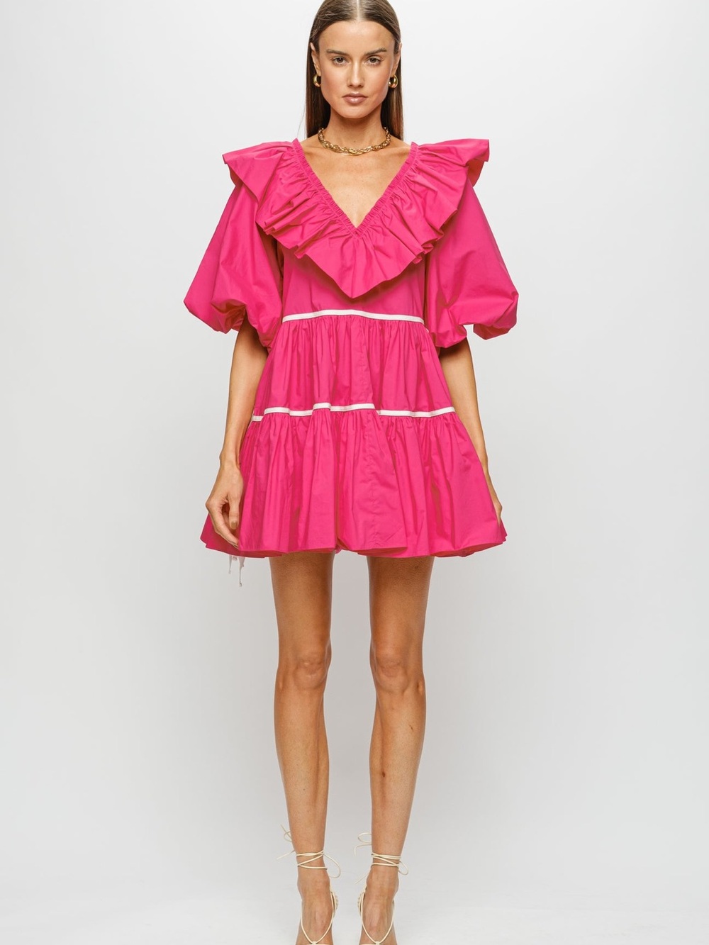 Sofia the Label Ruffled V‑Neck Mini Dress in Bright Pink